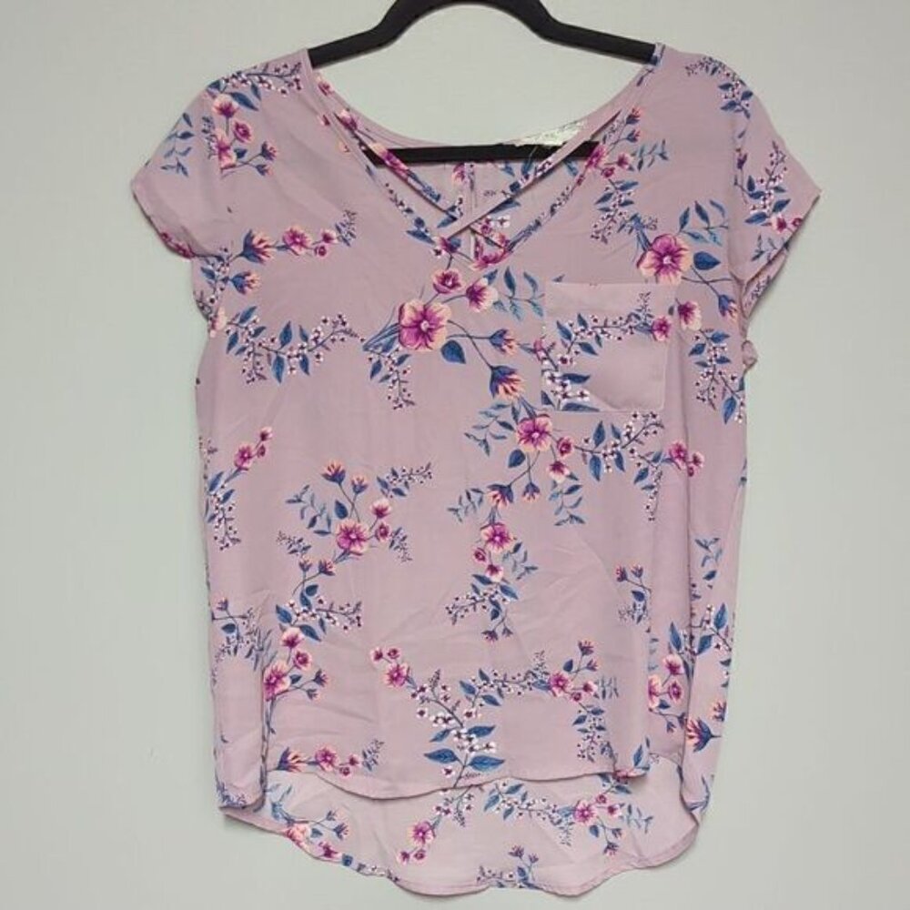 Pink Rose Purple Floral V Neck Blouse